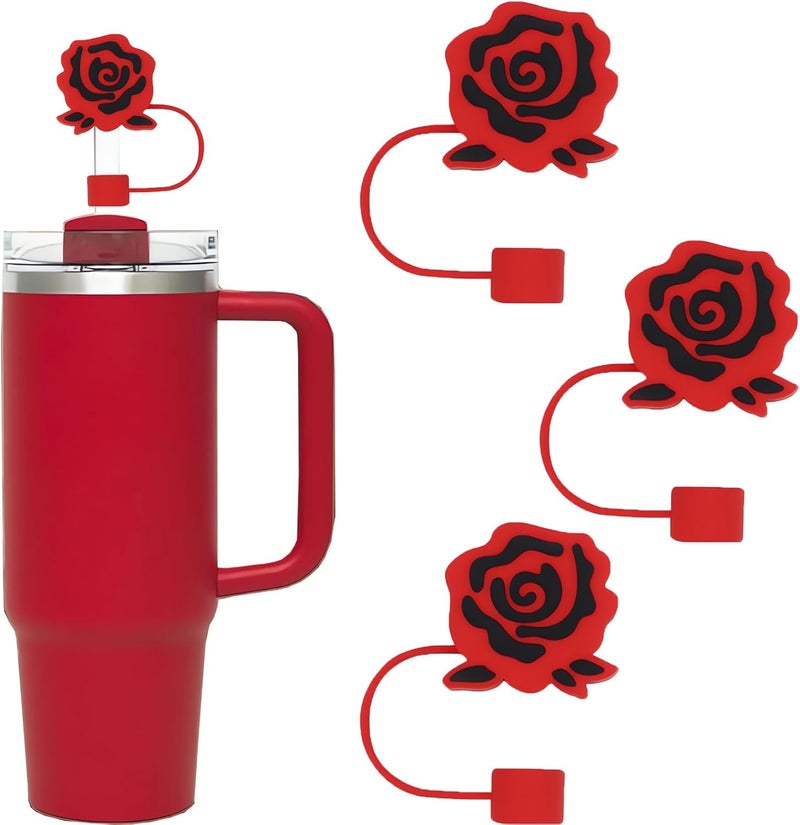 DEWJDFSC 3Pcs Stanley Cup Silicone Straw Covers - Rose Flowers Dust-proof Straw Toppers Compatible with 30&40 Oz Tumbler with Handle - Image 1